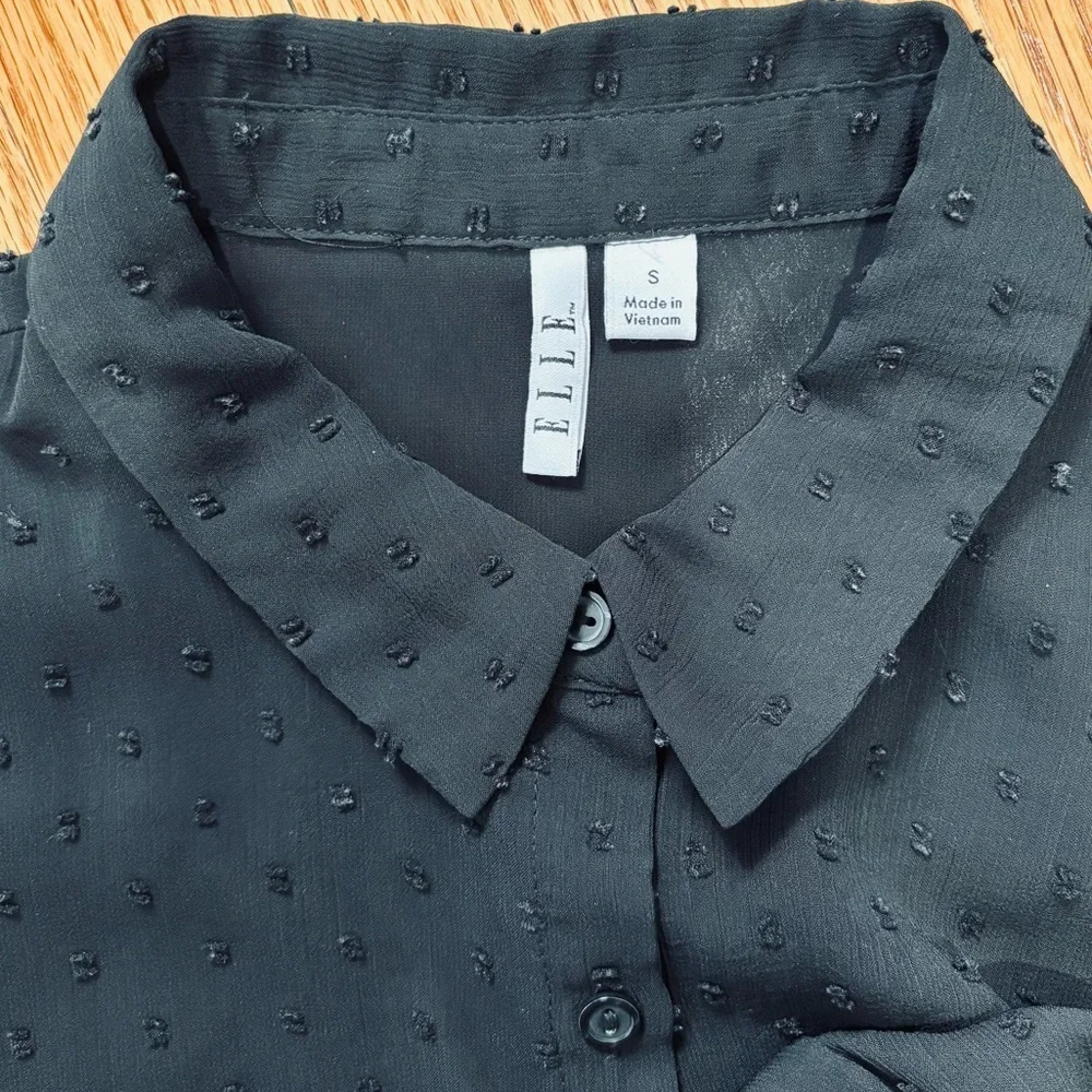 Elle black sheer button up high low short sleeve relaxed long shirt duster Small